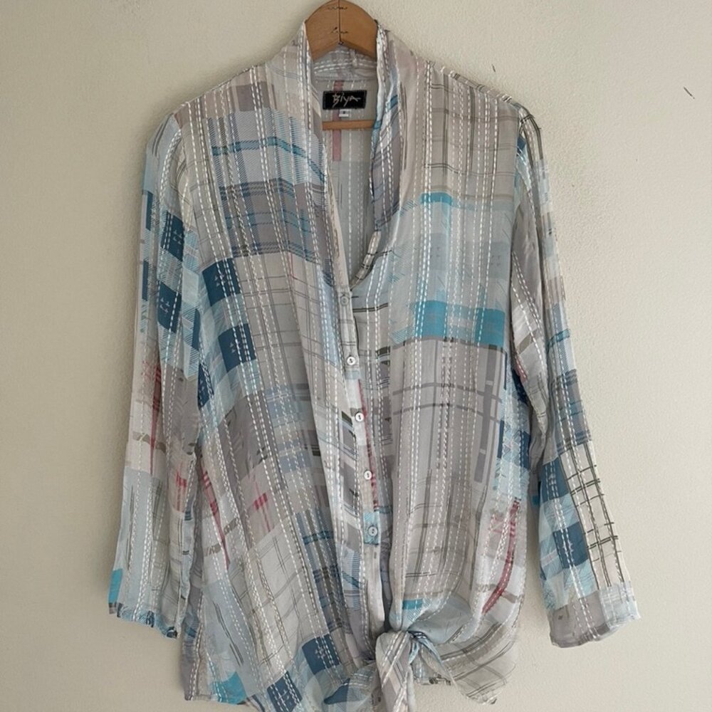 Biya Johnny Was White Stitched Silk Plaid Blouse: NWOT! SMALL (Fits like a Med.)